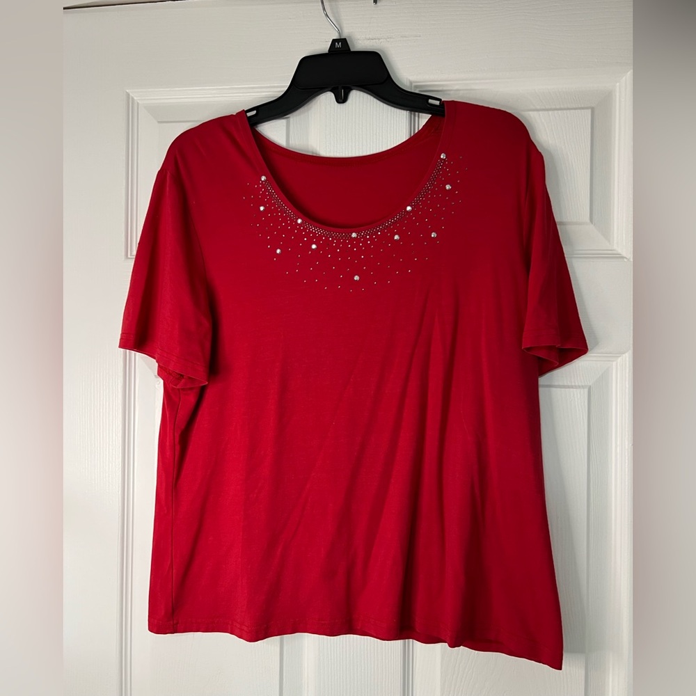 Red Women's Short Sleeve Top With Decorative Rhinestones